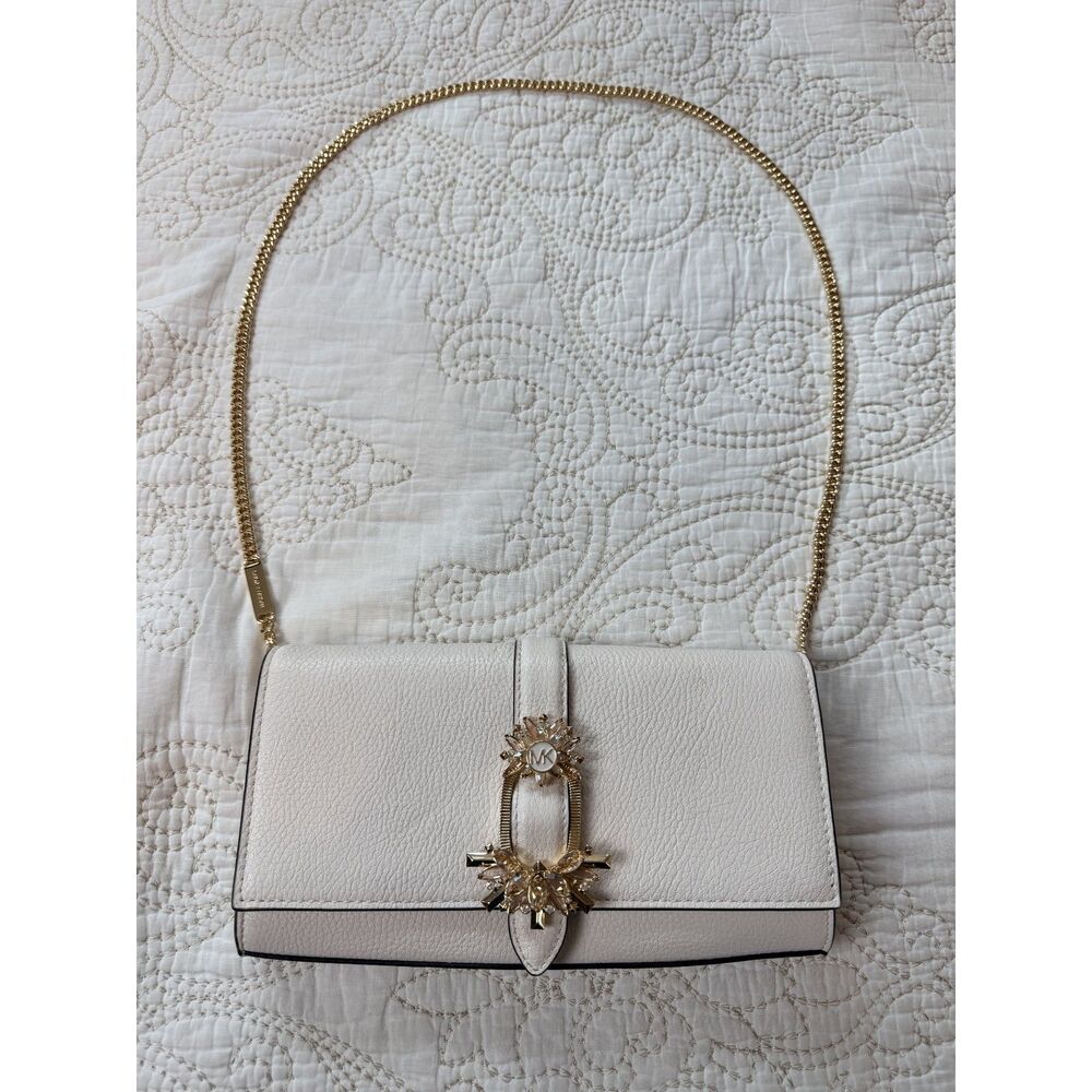 Michael Kors Cream Pebbled Leather Crossbody Gold Chain Strap Crystal gem Clasp